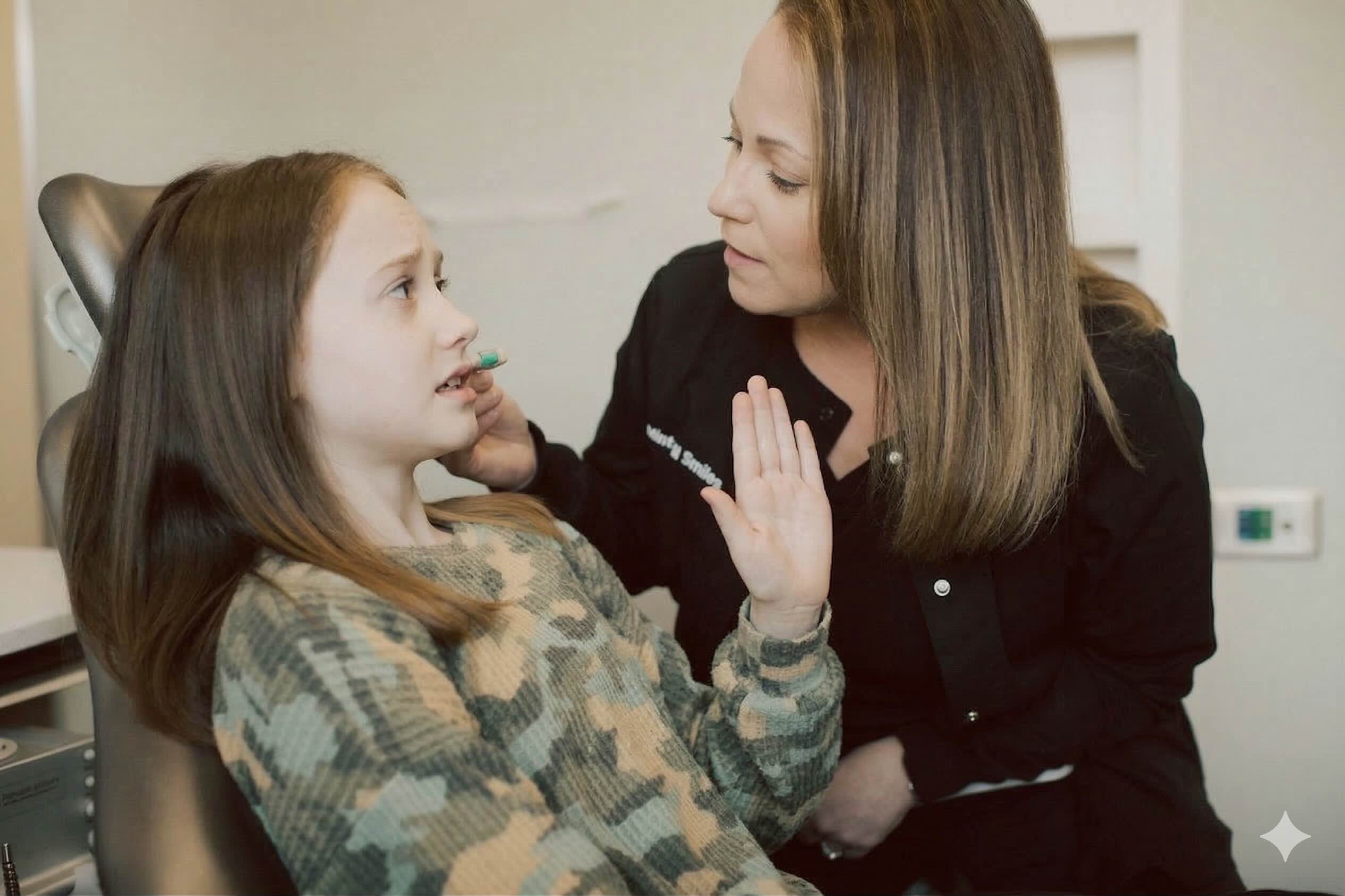 Patient expressing dental anxiety while speaking with a caring dental professional at Mint Hill Smiles